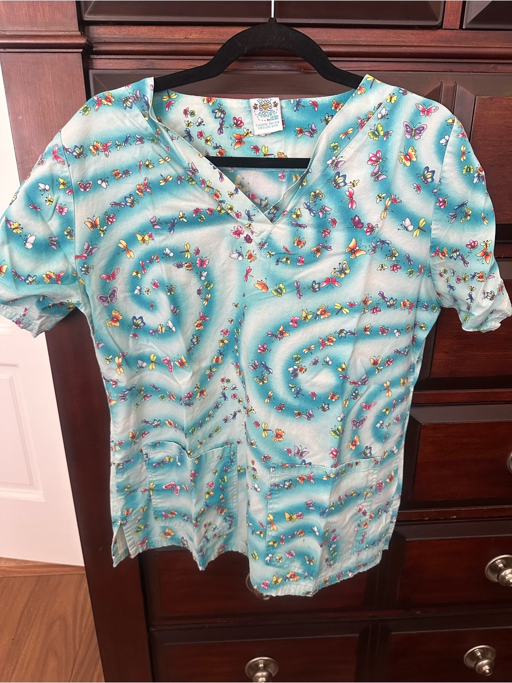 Butterfly Print Blue Scrub Top Sz Small